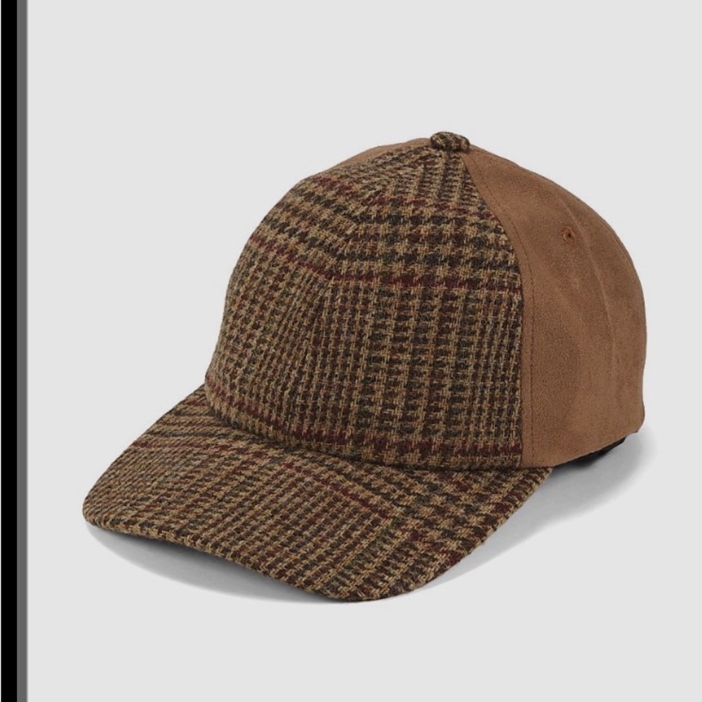 Men's Brown Plaid Baseball Cap wool & suede saks fifth ave o/s made in Italy